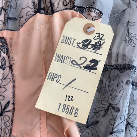 Vintage 1950s Sheer Cupcake Chiffon Embroidered Party Dress Pink & Black XS - Picture 13 of 16